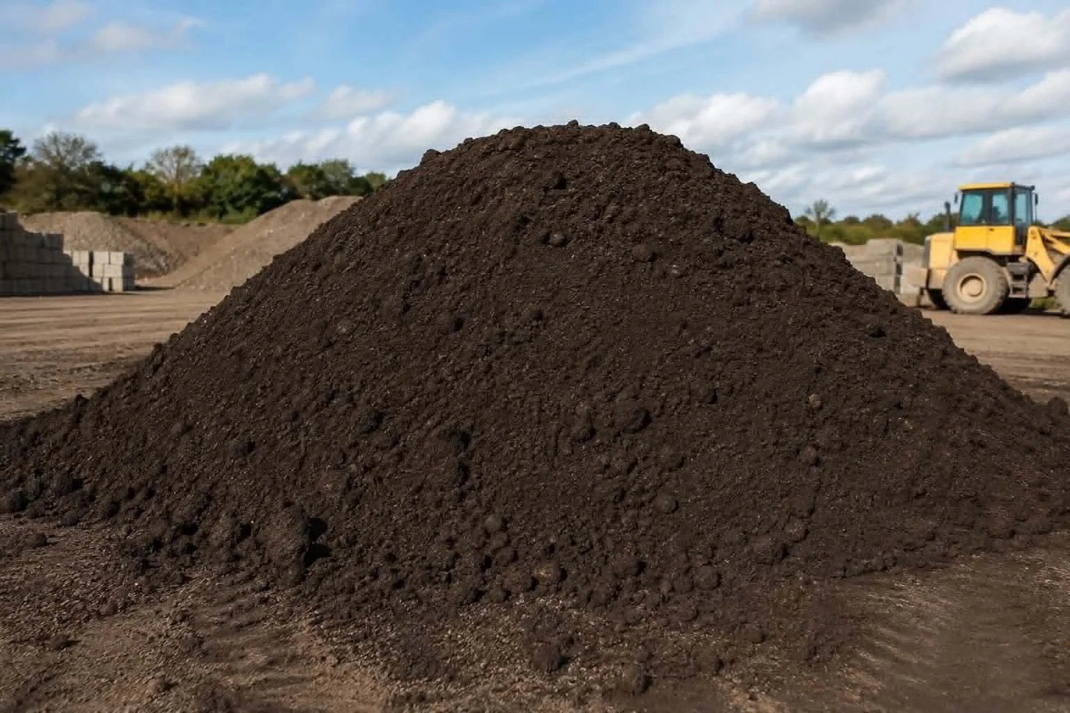 A large mound of top soil at a construction site with a yellow front loader in the background, some stacks of bricks, and trees under a partly cloudy sky.