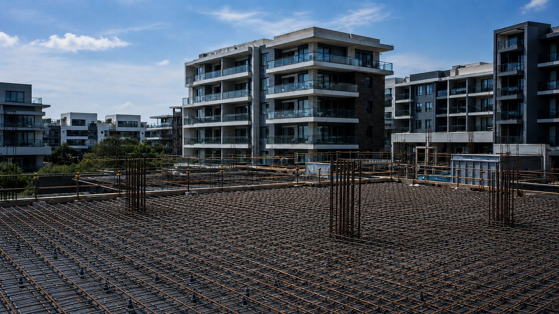 View of a construction site with steel rebar for the foundation, and modern multi-story residential buildings in the background under a partly cloudy sky.