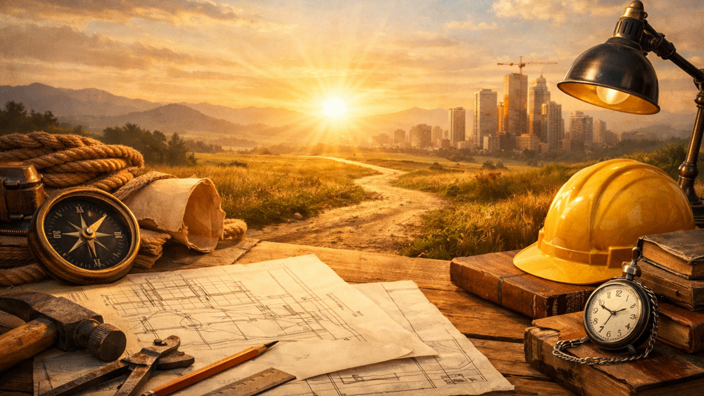 Eine Baustellenszene bei Sonnenuntergang mit Stadt skyline im Hintergrund, Bauhelmen, eine Taschenlampe, alte Werkzeuge und Baupläne auf einem Holztablett im Vordergrund.