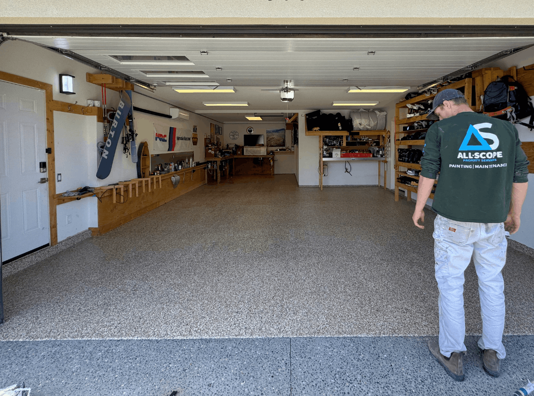 Finished garage floor with epoxy coating
