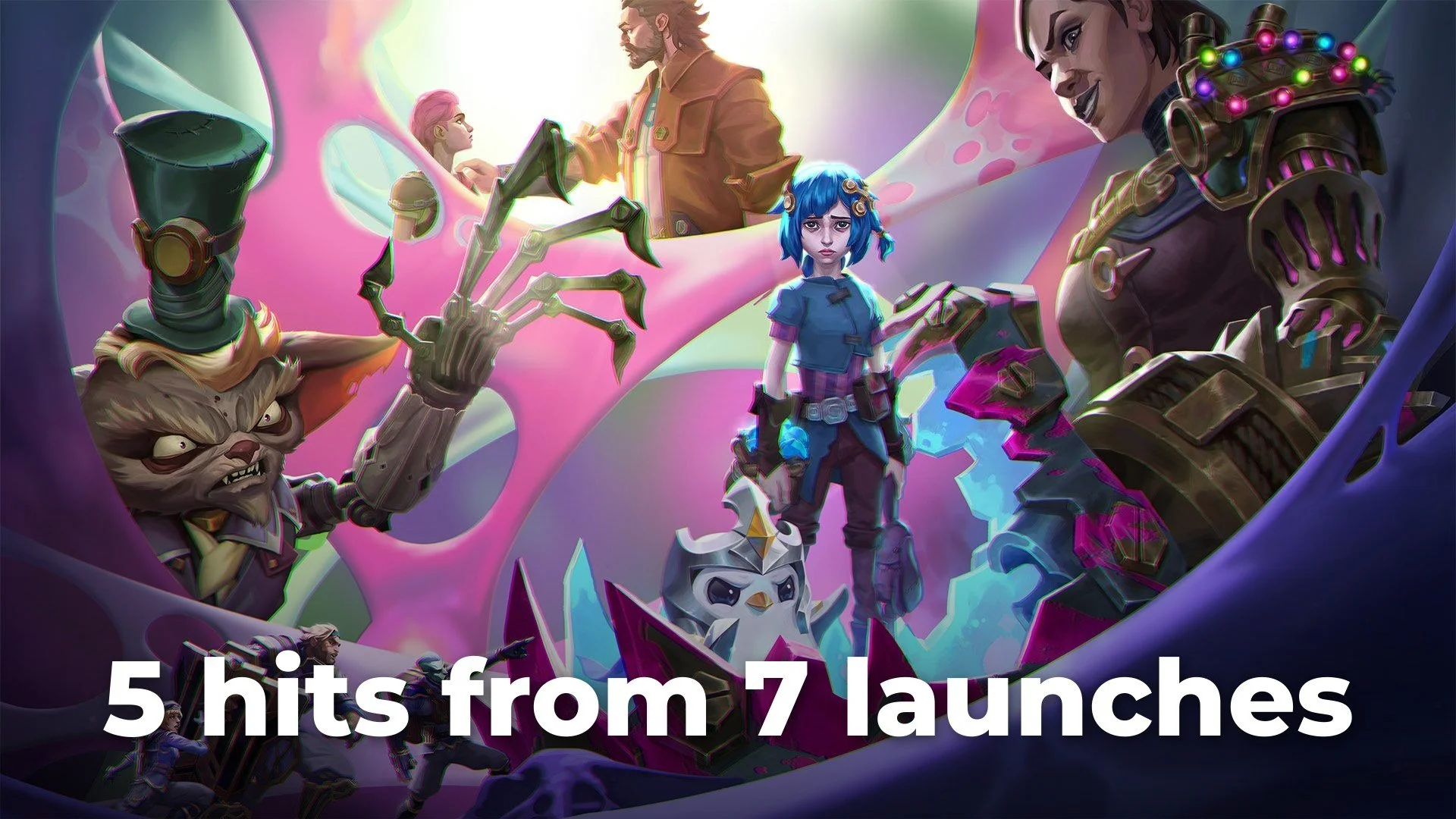 Teamfight Tactics Into the Arcane splash art featuring Arcane characters, with the text "5 hits from 7 launches" the Arcane splash art featuring Arcane characters, with the text "5 hits from 7 launches"