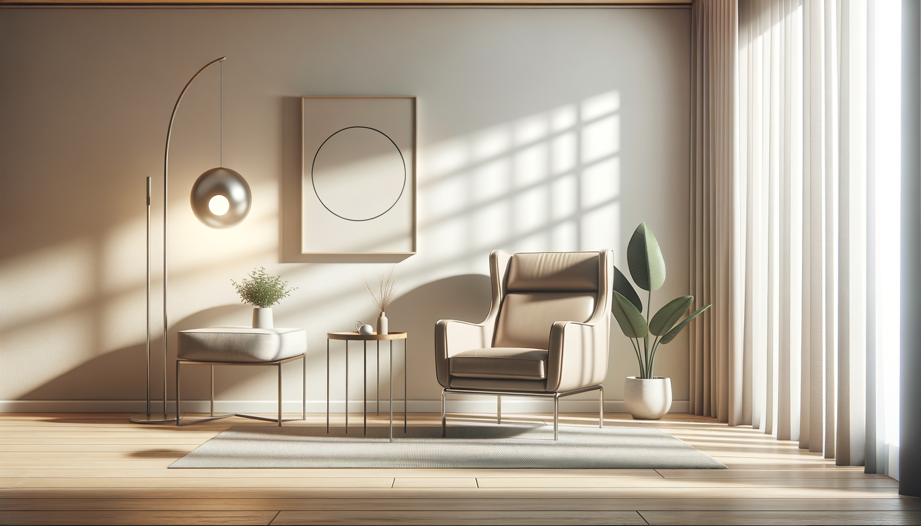 Interno con poltrona beige, lampada da terra con paralume, quadri geometrici, piante e tende chiare luminose