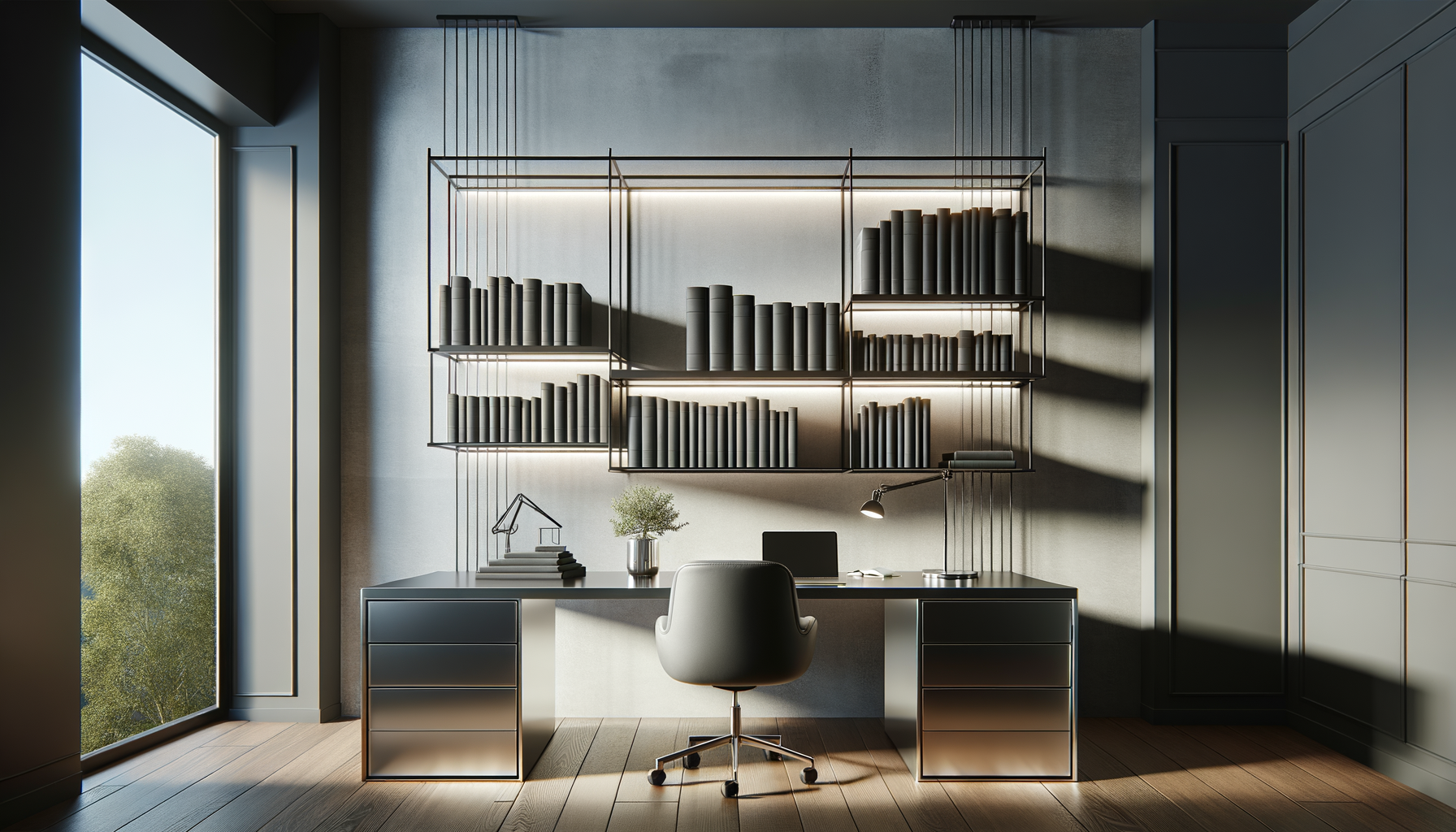 Modern office workspace with a black desk, gray chair, and wall-mounted shelving with books, illuminated by natural sunlight from large window.