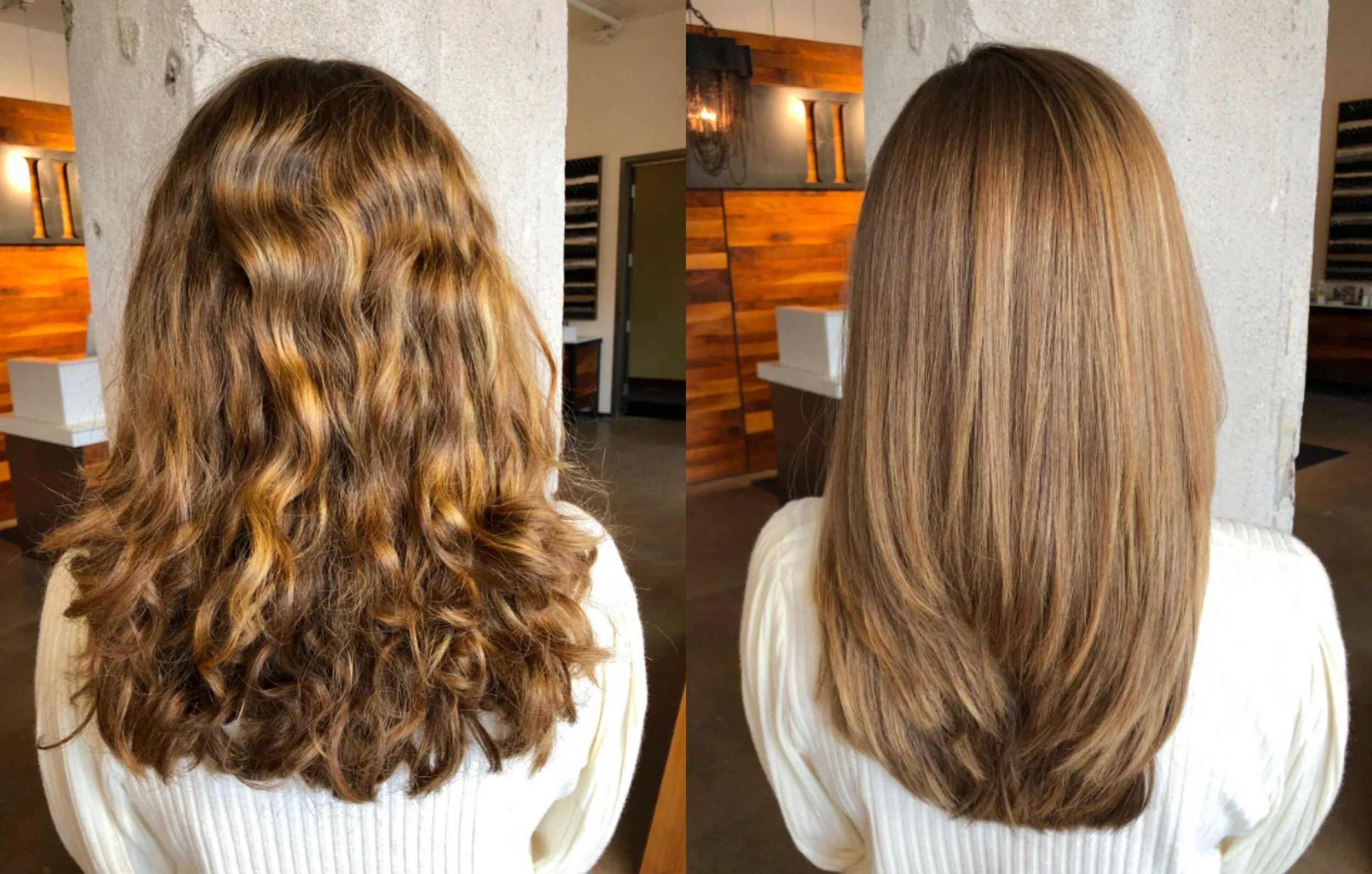 Comparison of a woman's hair before and after a styling or coloring treatment, showing frizzy, wavy hair on the left and smooth, straight hair on the right.