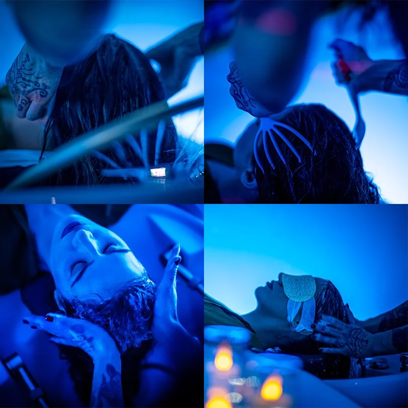 Four images depicting a woman receiving a Japanese Head Spa beauty treatment in a dimly lit room with blue lighting, including hair washing, scalp massage, and facial care.