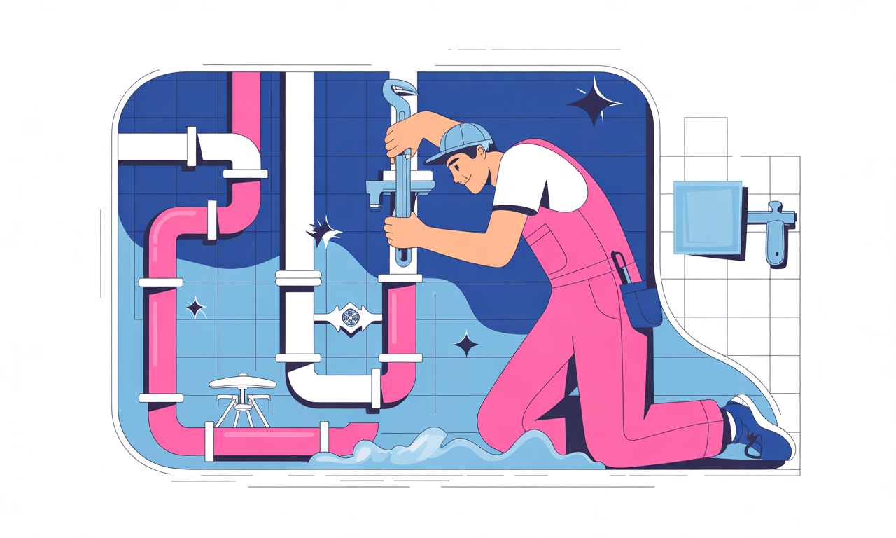 A plumber in pink overalls fixing pipes under a sink in a bathroom.