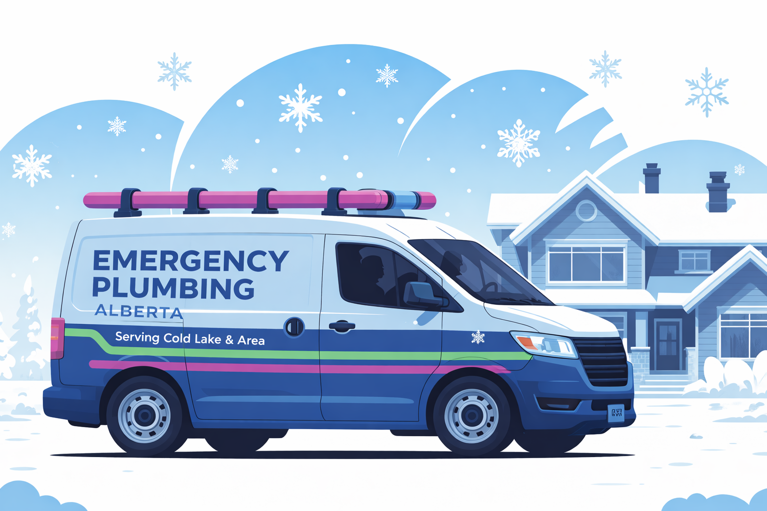 An emergency plumbing van with 'Emergency Plumbing Alberta' written on the side, parked in a snowy residential area during winter. The van has colorful stripes and a roof rack. In the background, there are snow-covered houses and trees with snowflakes falling from the sky.