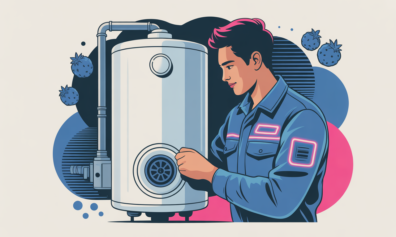 A person in a blue uniform adjusting a water heater with strawberries in the background.