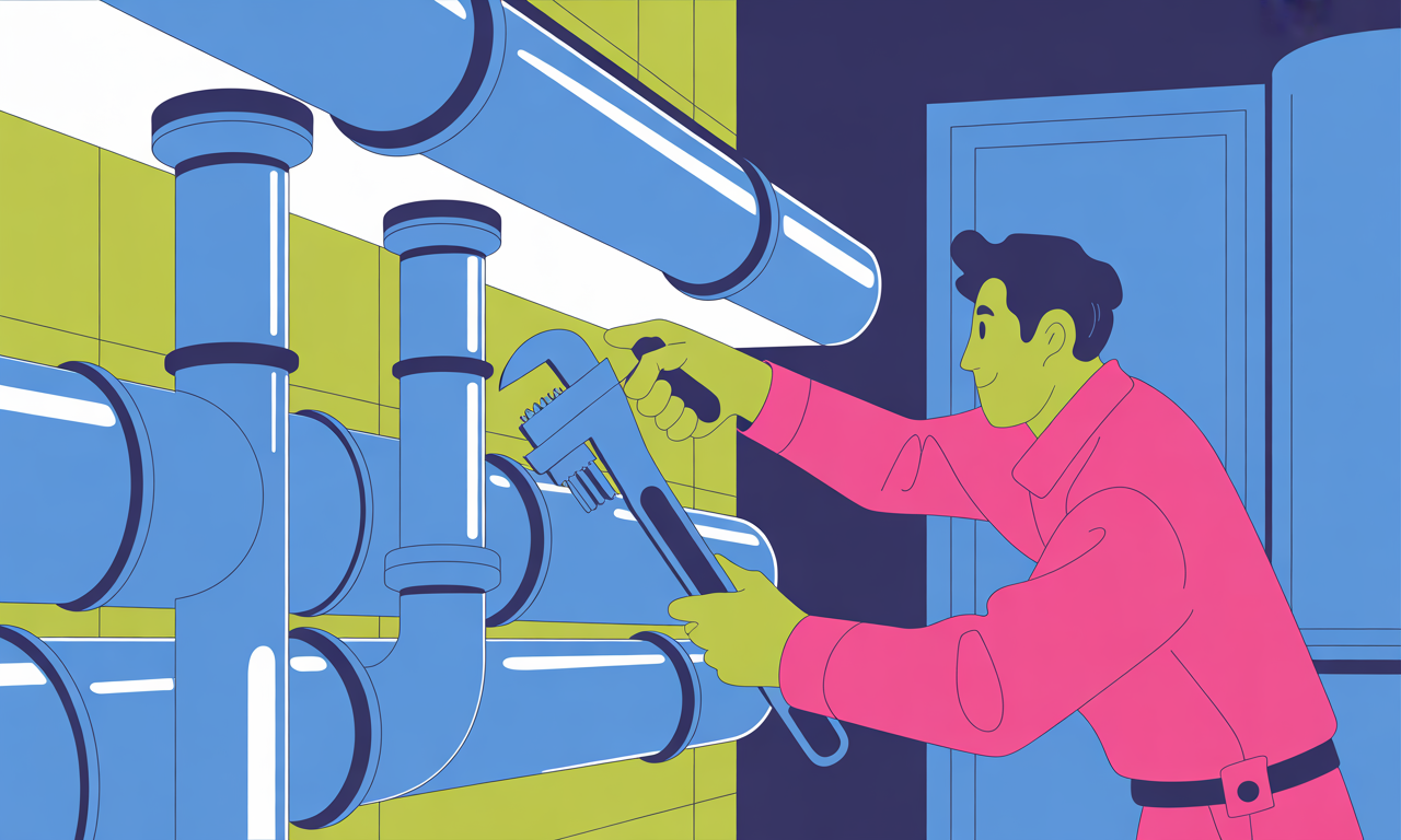 A man inspecting plumbing pipes with a wrench in a room with a yellow and blue color scheme, wearing a pink shirt.