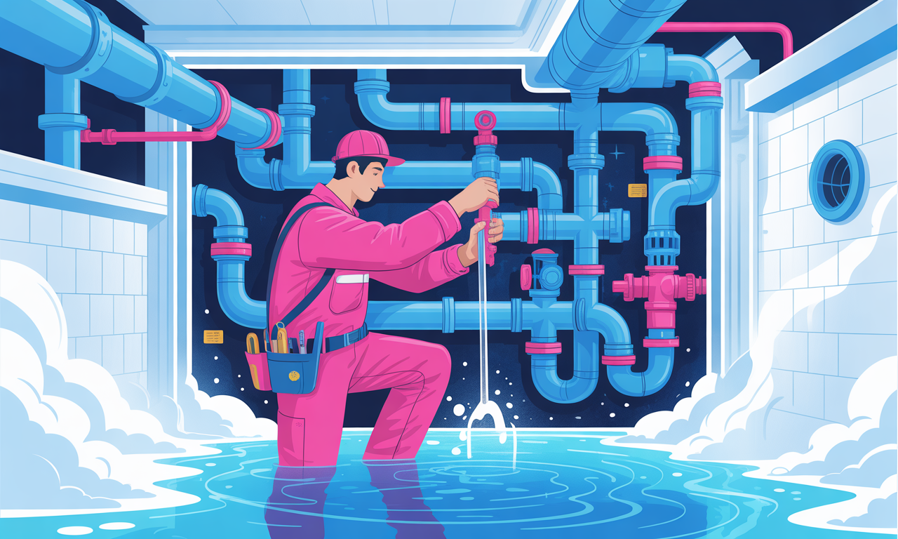 Male plumber in pink uniform and hat inspecting pipes in a flooded basement with water on the floor, exposed blue and pink pipes, and a snowy background.