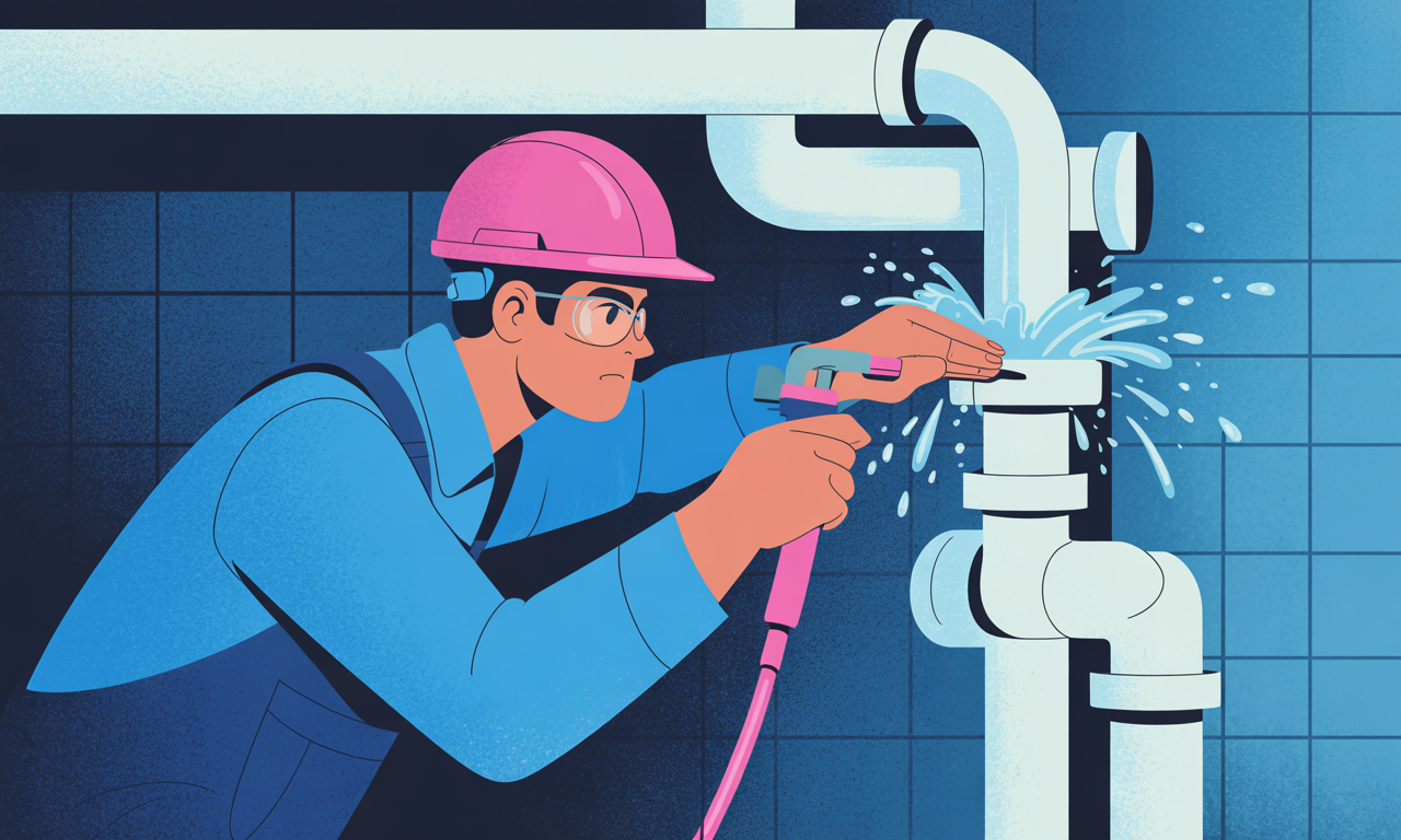 A worker wearing safety glasses and a pink hard hat fixing a leaking pipe with a wrench, water splashing out.