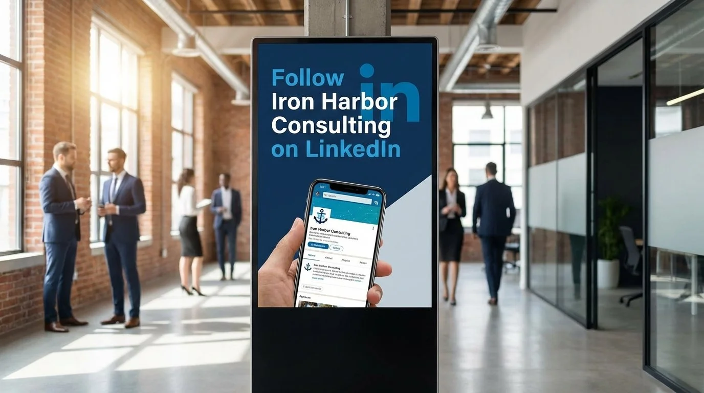 Digital sign promoting Iron Harbor Consulting's LinkedIn page with a smartphone showing their LinkedIn profile, in a modern office with people in business attire talking in the background.