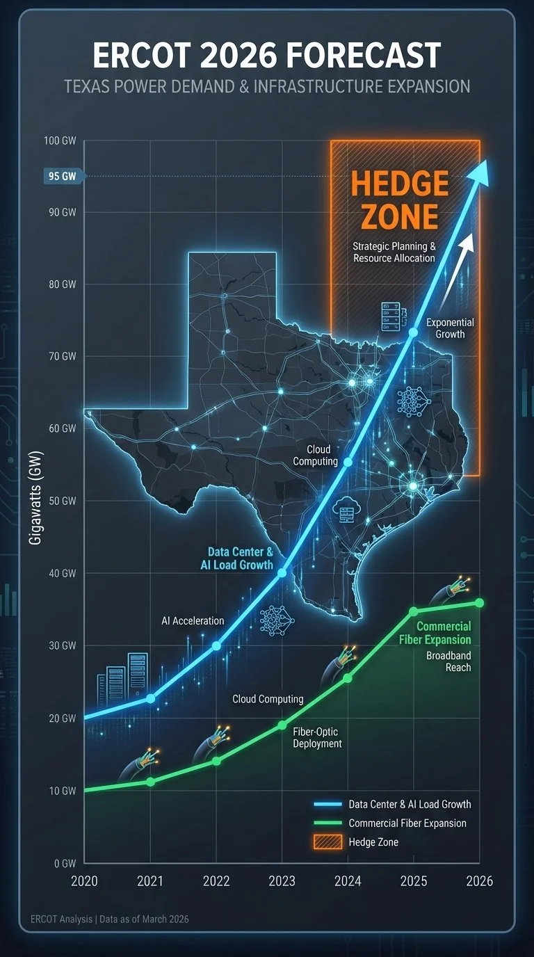 Map of Texas showing forecasted energy infrastructure growth from 2020 to 2026, including data center and AI load growth, cloud computing, fiber-optic deployment, and broadband reach, with a hedge zone for strategic planning.