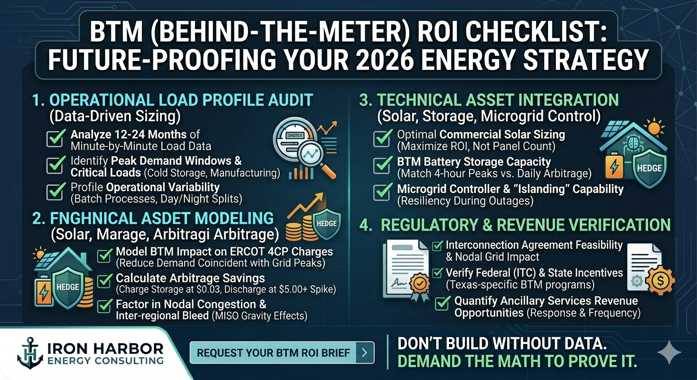 Infographic outlining a BTM (Behind-The-Meter) ROI checklist for future-proofing a 2026 energy strategy. It includes four main sections: 1) Operational Load Profile Audit, with steps like analyzing load data and identifying peak demand windows; 2) Technical Asset Integration, with focus on solar, storage, and microgrid capabilities; 3) Regulatory & Revenue Verification, including interconnection feasibility and federal incentives; and 4) encouragement to build data-driven strategies. The infographic features icons of graphs, shield, solar panels, a checklist, and money symbols, and is branded by Iron Harbor Energy Consulting.