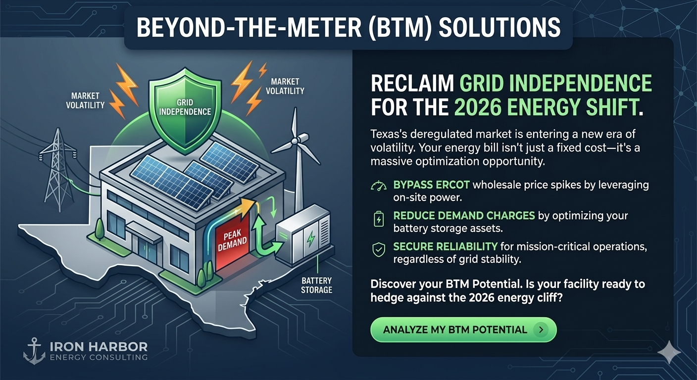 Diagram of a house with solar panels on the roof, connected to a wind turbine, battery storage, and power lines, illustrating grid independence. Text highlights beyond-the-meter solutions for energy independence in 2026, including bypassing ERCOT, reducing demand charges, and ensuring reliable operations.