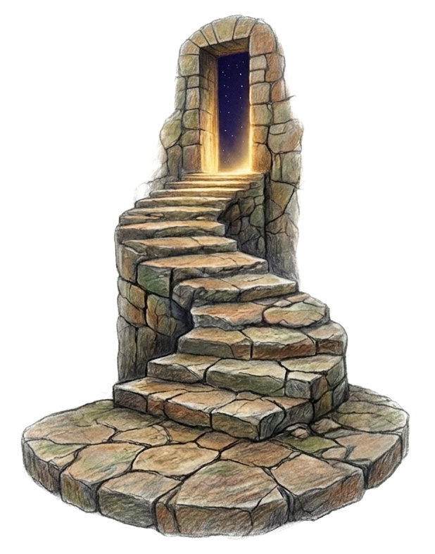 Illustration of stone stairs leading to an open doorway in a stone wall, revealing a starry night sky beyond.
