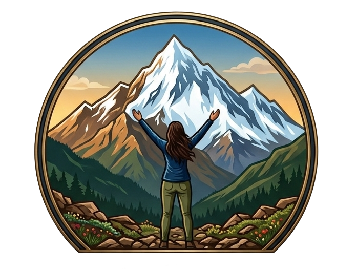 A person standing outdoors with arms raised, facing a large snow-capped mountain surrounded by green forests and a colorful sky.