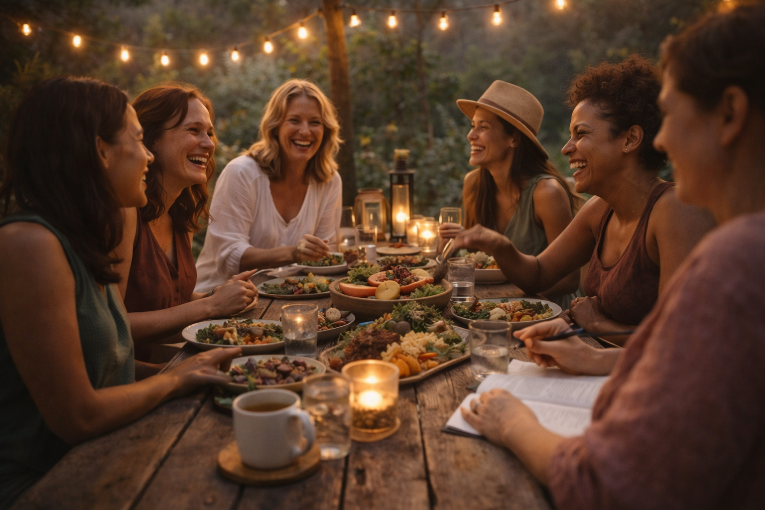 A group of women enjoying dinner outdoors at twilight, sitting at a wooden table decorated with candles and lanterns, with trees and string lights in the background.