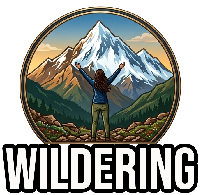 A person standing with arms raised in front of a snow-capped mountain landscape during sunset, with the word "WILDERING" underneath.