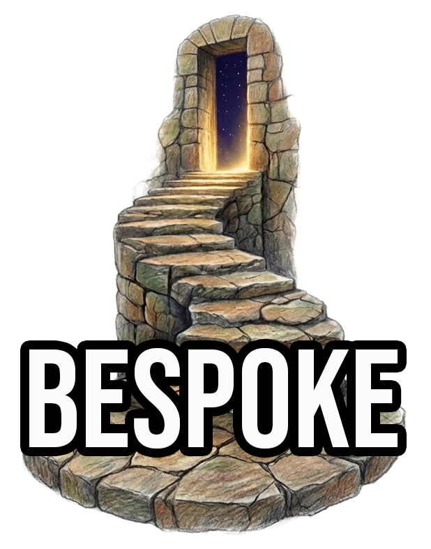 A stone staircase leading to an open doorway with a view of a starry night sky, with the word "BESPOKE" written at the bottom in bold black letters.