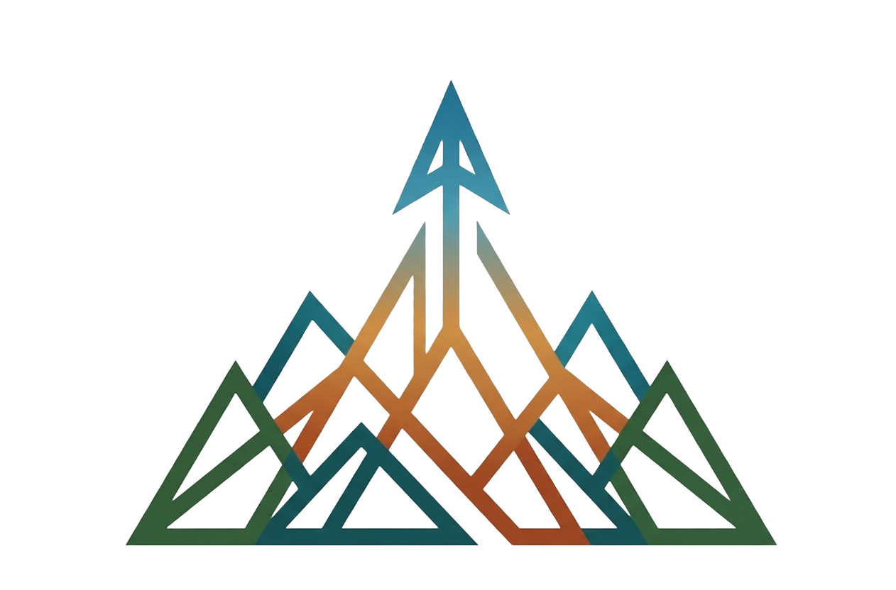 Abstract geometric mountain with multicolored triangular and arrow shapes pointing upward, against a plain background.