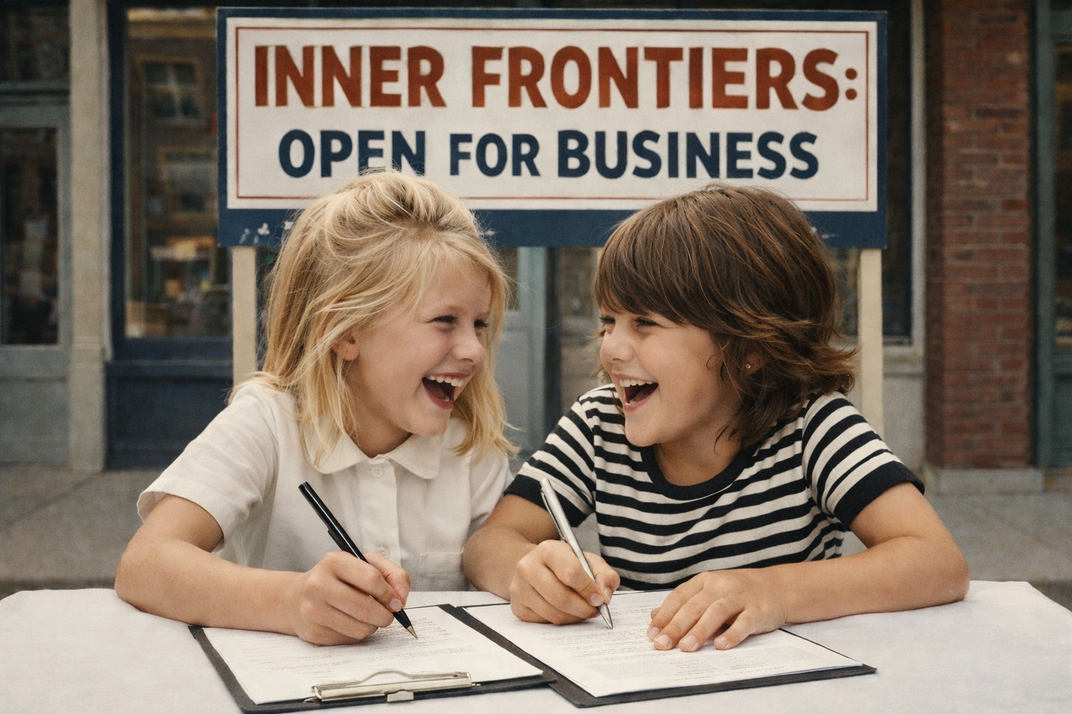 Two children, a blonde girl and a boy with brown hair, sitting at a table outdoors and smiling while signing papers, with a sign in the background that says "Inner Frontiers: Open for Business."