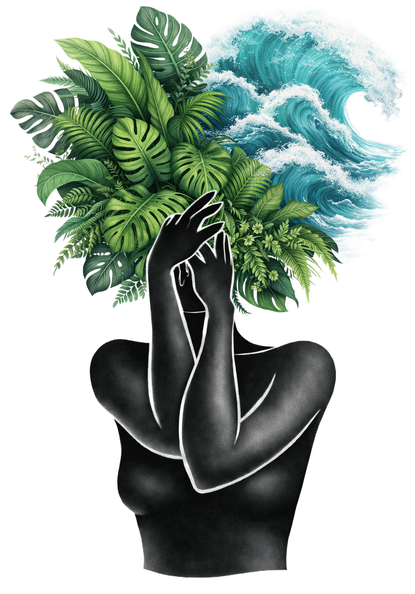 A person with a human body and head replaced by tropical green leaves and a wave