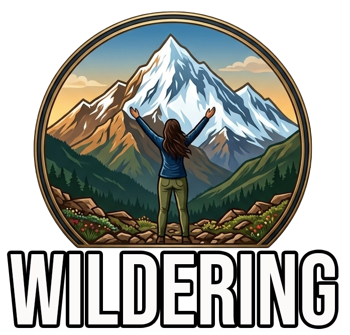 A person standing on rocks and plants, facing a large snow-capped mountain with arms raised in a victorious pose, surrounded by a circular border.
