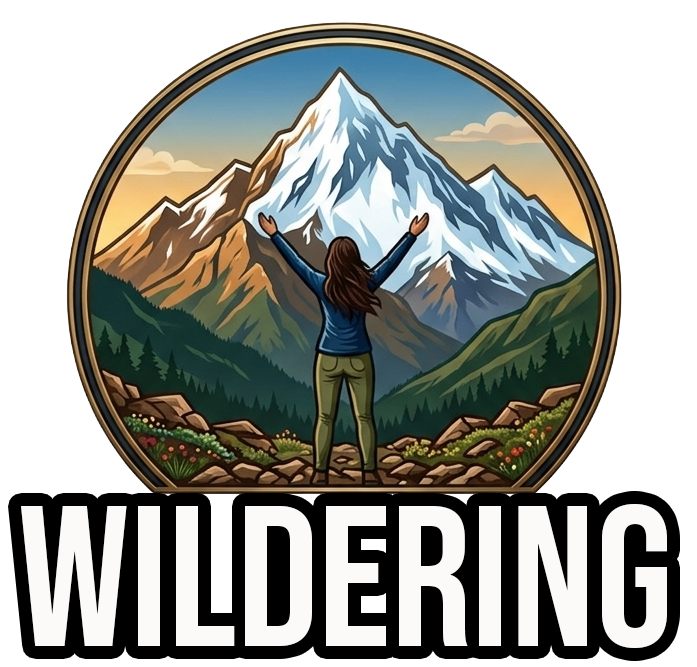 A woman standing with her back to the viewer, arms raised, overlooking a mountain landscape, with the word 'WILDERING' at the bottom.