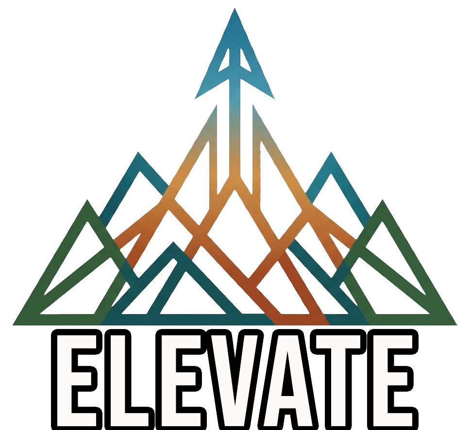 Stylized mountain with multiple peaks and the word 'ELEVATE' in bold capital letters beneath it.