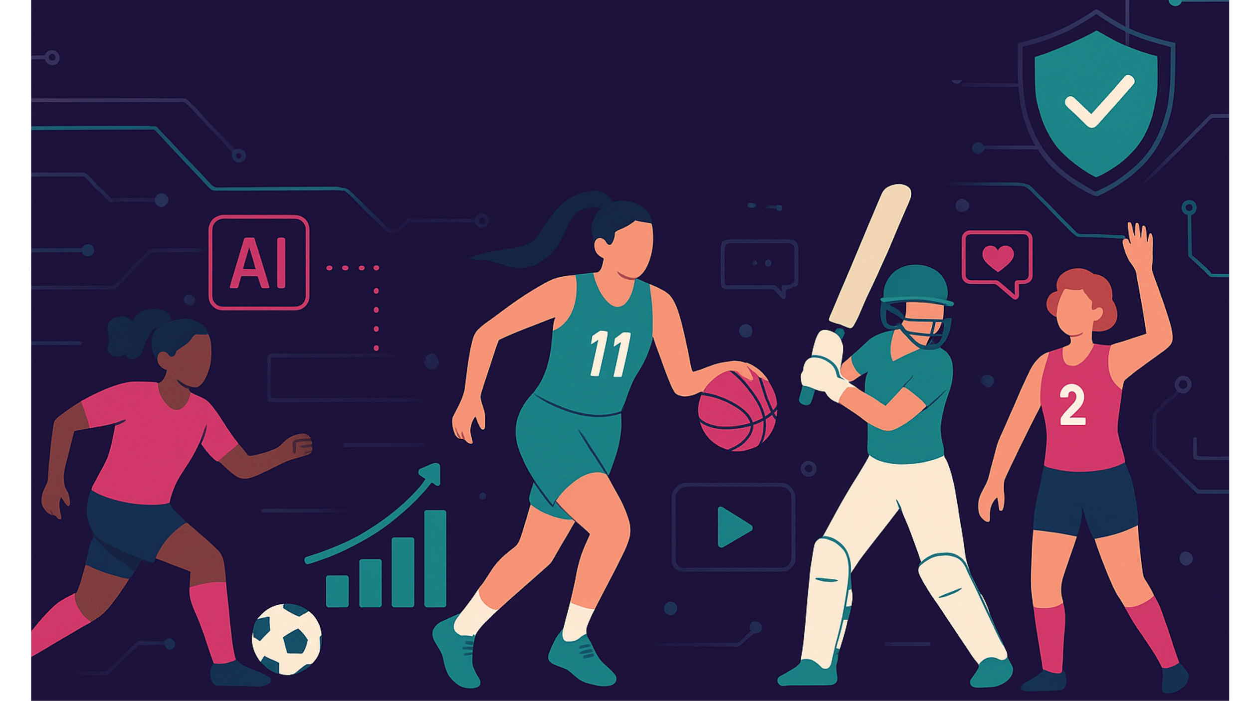 An illustrated graphic shows various women competing in sports along with graphs and tech symbols