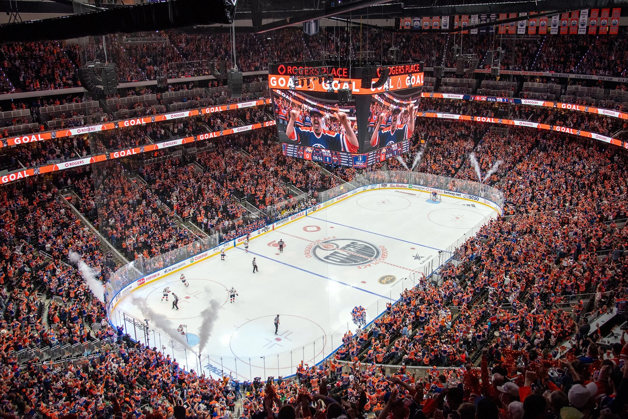 An Oilers hockey game at Rogers Place with thousands of cheering fans