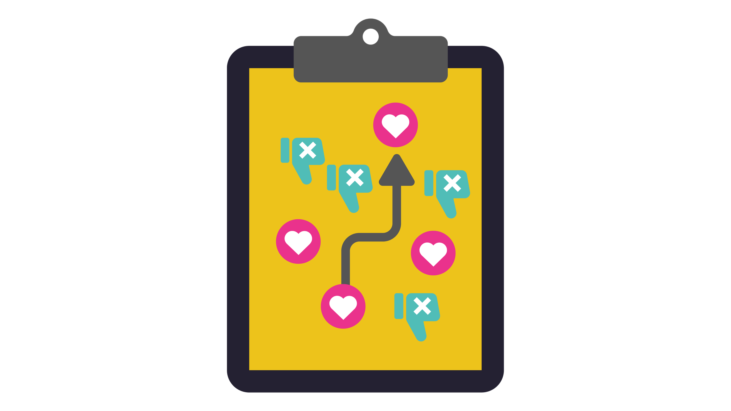 An illustration of a clipboard showing a sports play using hearts and thumbs down symbols