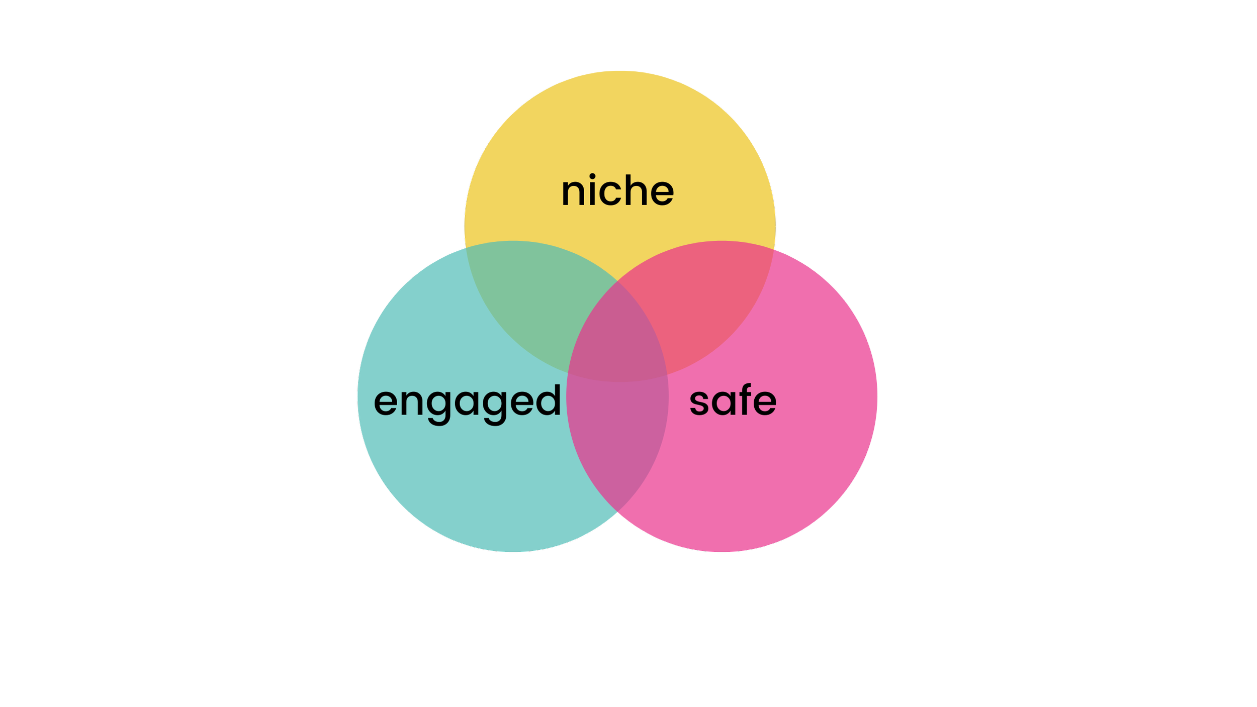 A Venn diagram showing the intersection of niche, engaged, and safe