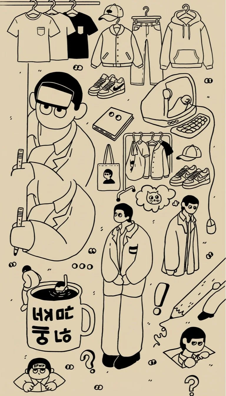 Dibujo en blanco y negro de varias personas en un entorno que parece ser una tienda de ropa. Hay ropa colgada, calzado, una caricatura de un niño y una mujer, una taza gigante con letras, y diferentes objetos relacionados con moda y vida cotidiana.