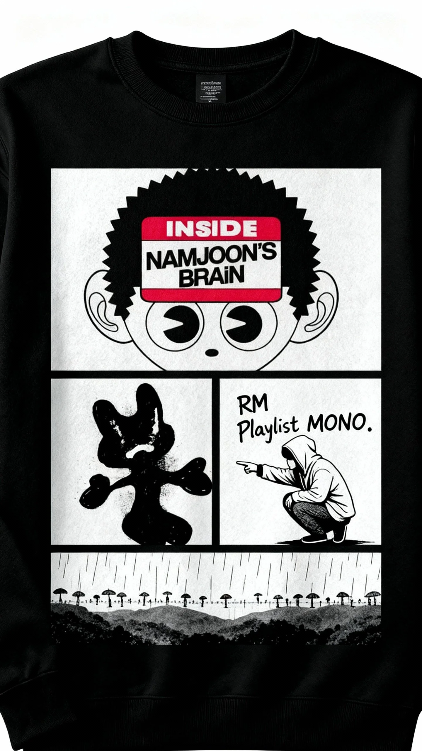 Diseño de camiseta con dibujo en estilo cómic, incluyendo un niño con un cartel en la cabeza que dice 'INSIDE NAMJOON'S BRAIN', un personaje en forma de mascota, una persona en posición de cuclillas apuntando, y un paisaje de montañas y árboles con paraguas lloviendo.
