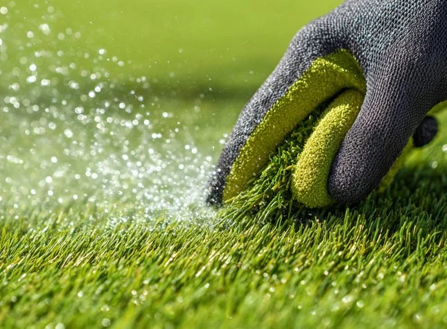 A gloved hand inserting a green spiked aerator into a grass lawn.
