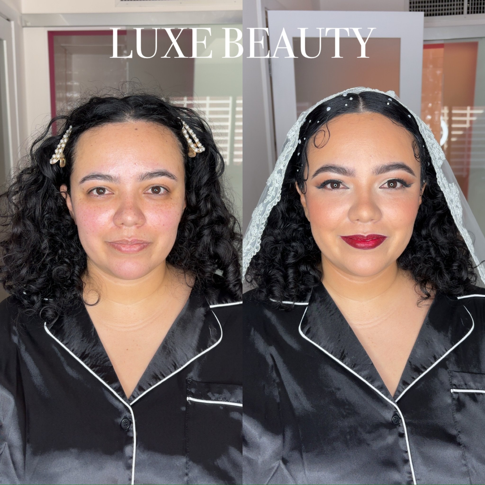 Side-by-side comparison of woman before and after makeup and hairstyling, with text 'LUXE BEAUTY' at the top. On the left, she has natural hair with pearl hair clips, no makeup, and a satin black top. On the right, she has styled curly hair with a la