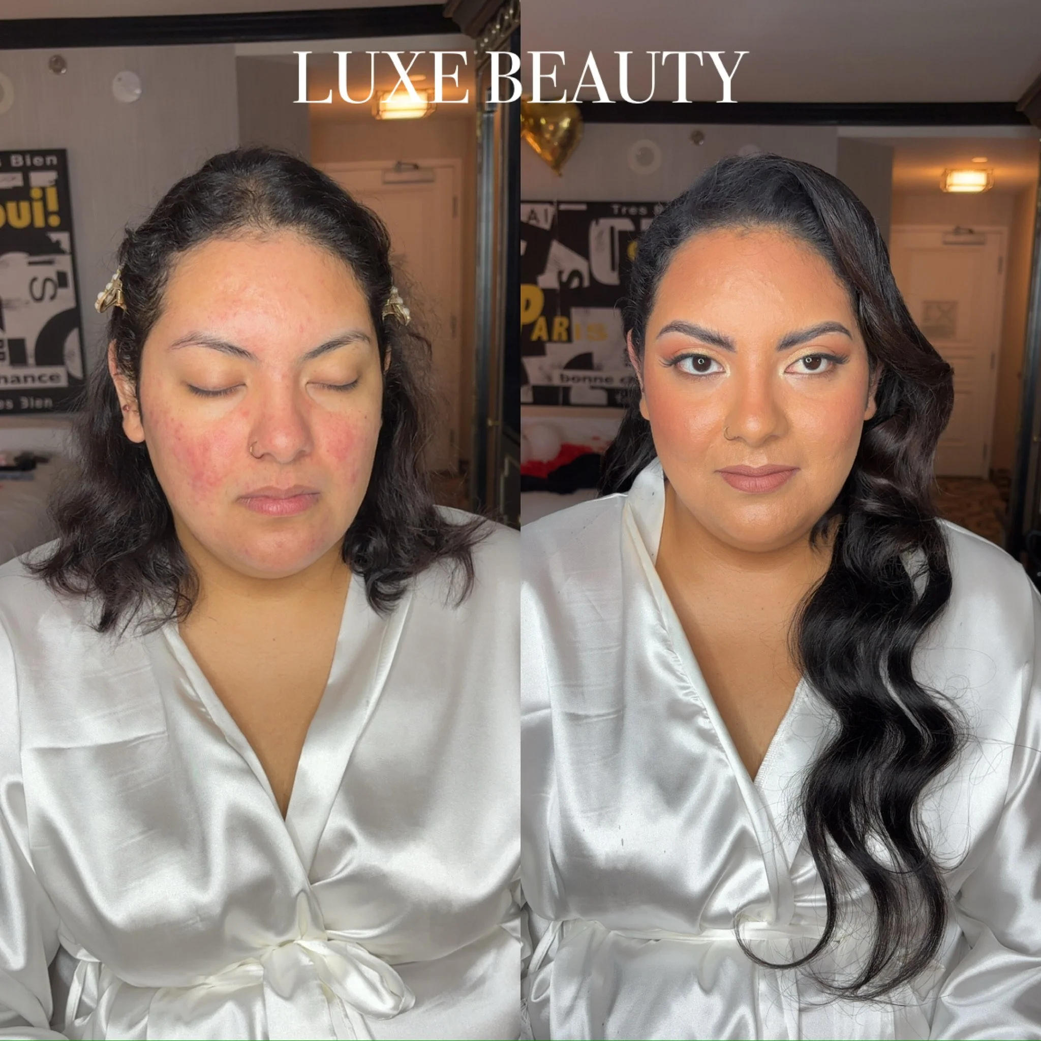 Before and after images of a woman with makeup transformation, showing her with no makeup on the left and with makeup on the right, wearing a white satin robe.