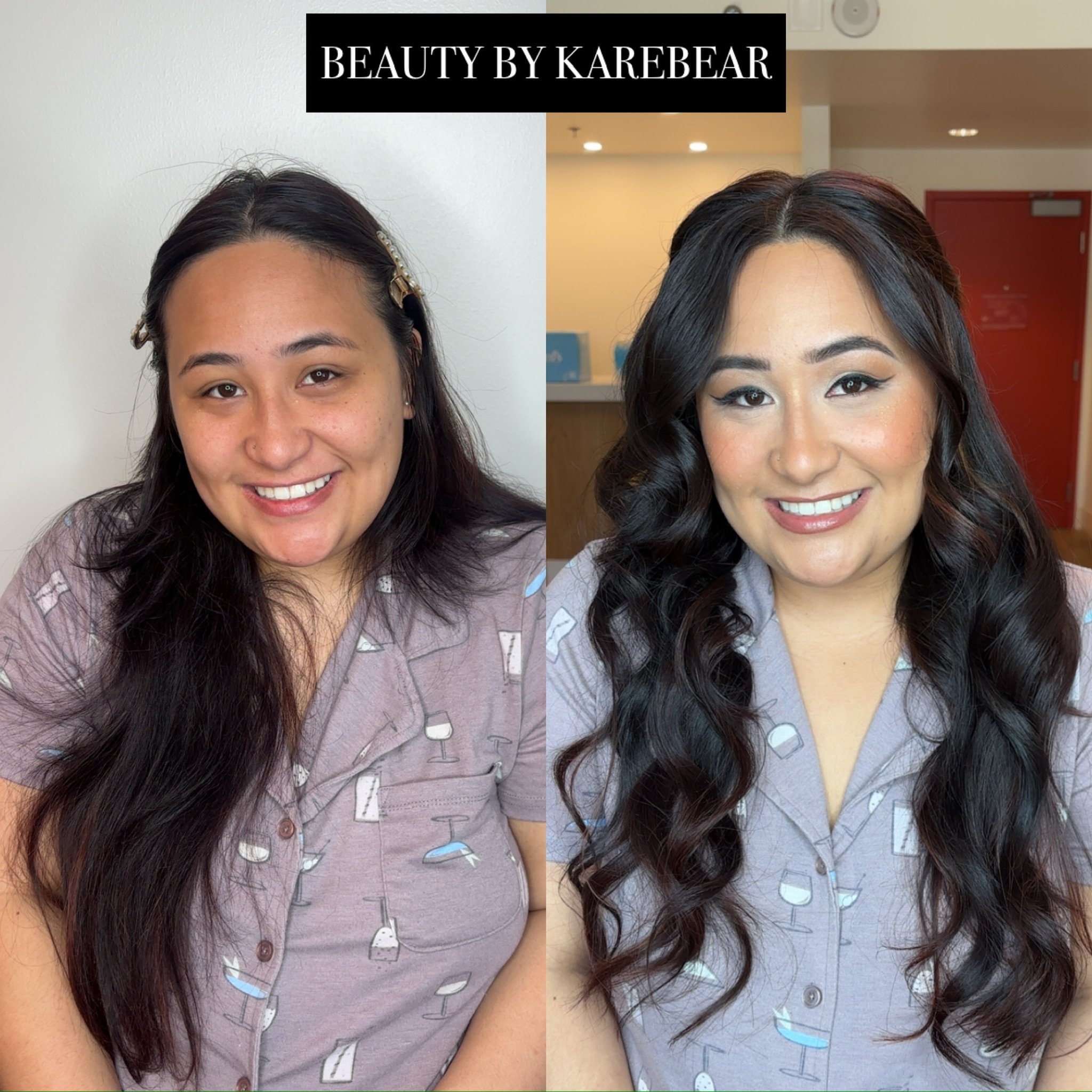 A side-by-side comparison of a woman before and after makeup and hair styling. In the 'before' image, she has dark, straight hair and no makeup, wearing a lavender shirt with a drinking glass pattern. In the 'after' image, her hair is styled in long,