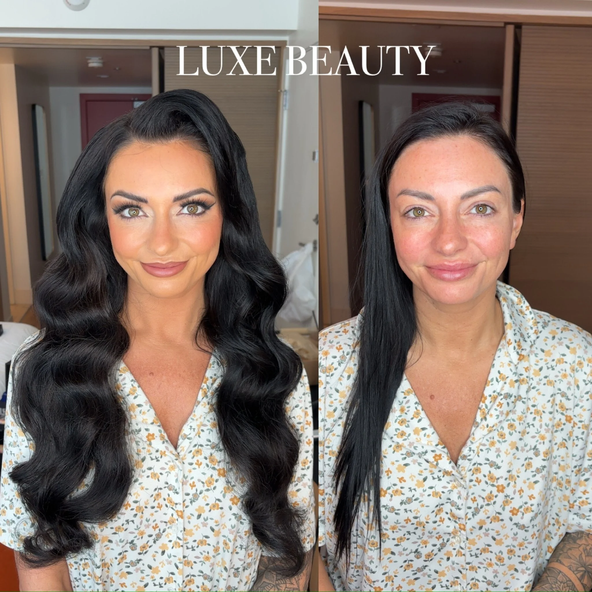 Side-by-side comparison of a woman before and after makeup application, with the words 'Luxe Beauty' at the top.