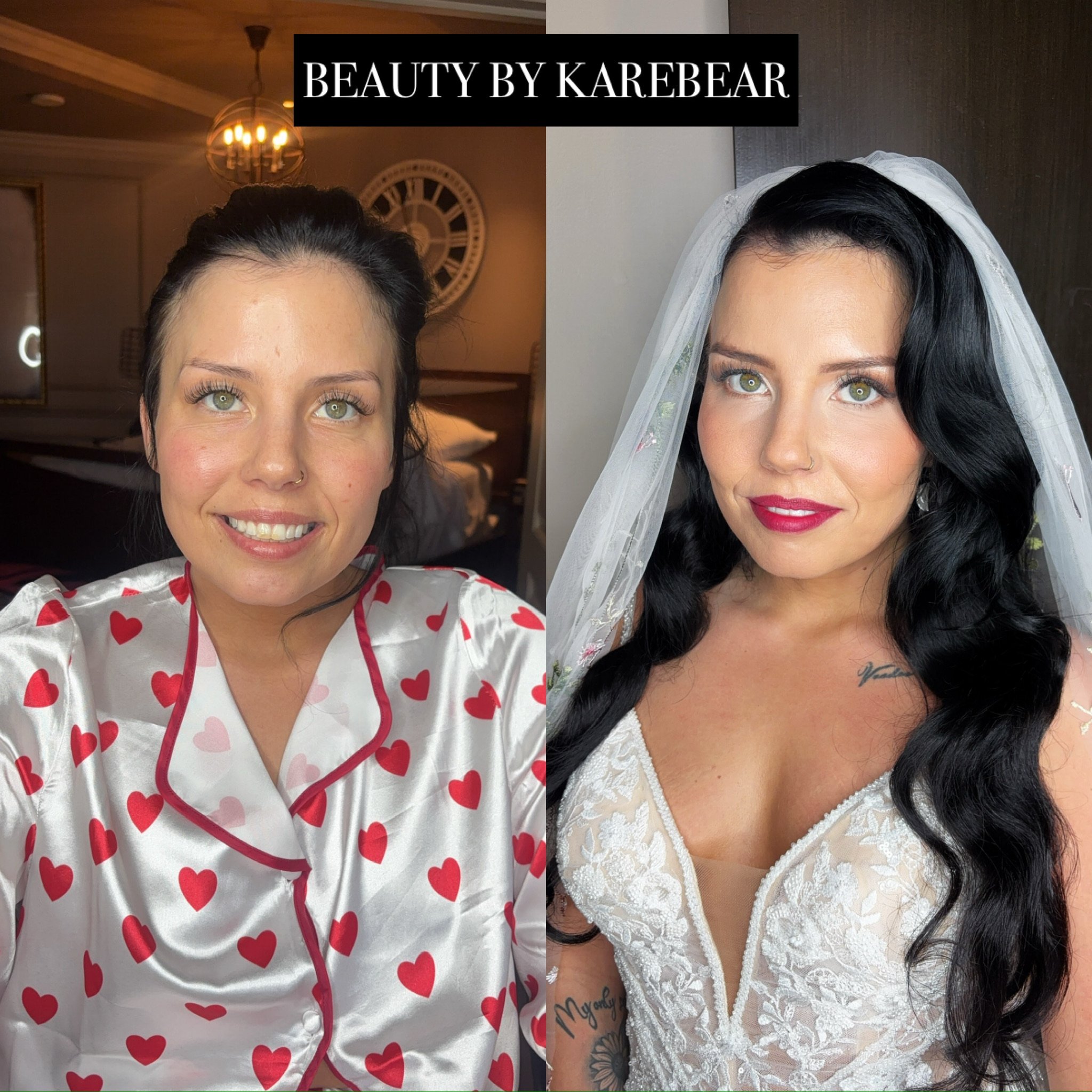 Before and after photos showing a woman with fair skin, light-colored eyes, and dark hair. In the left photo, she has her hair styled back and is wearing a satin pajama top with red hearts. In the right photo, she is dressed as a bride with long, wav