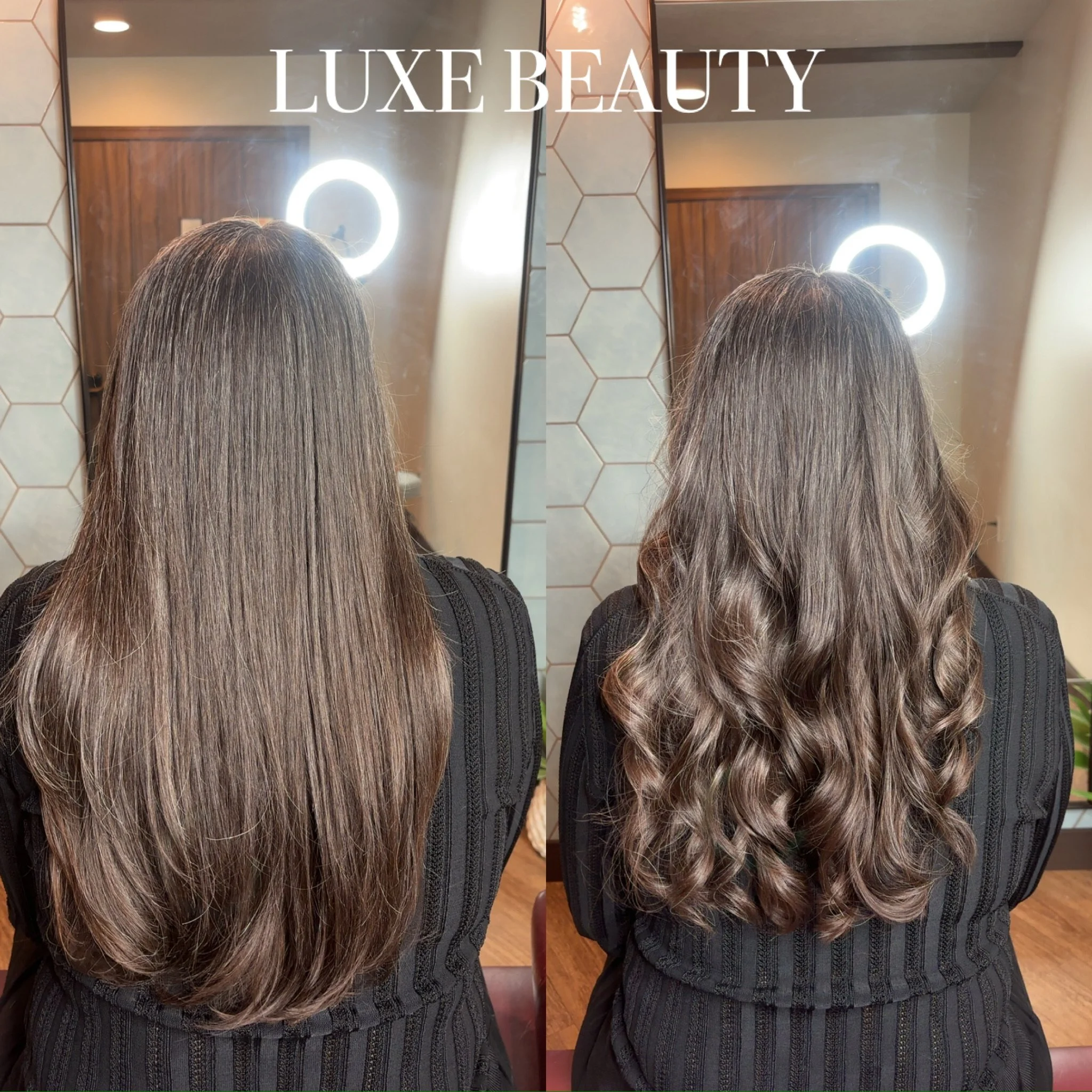 Side-by-side before and after images of a woman’s hair, showing a transformation from straight hair to styled, loose curls, in a salon with a mirror and hexagon tile background.