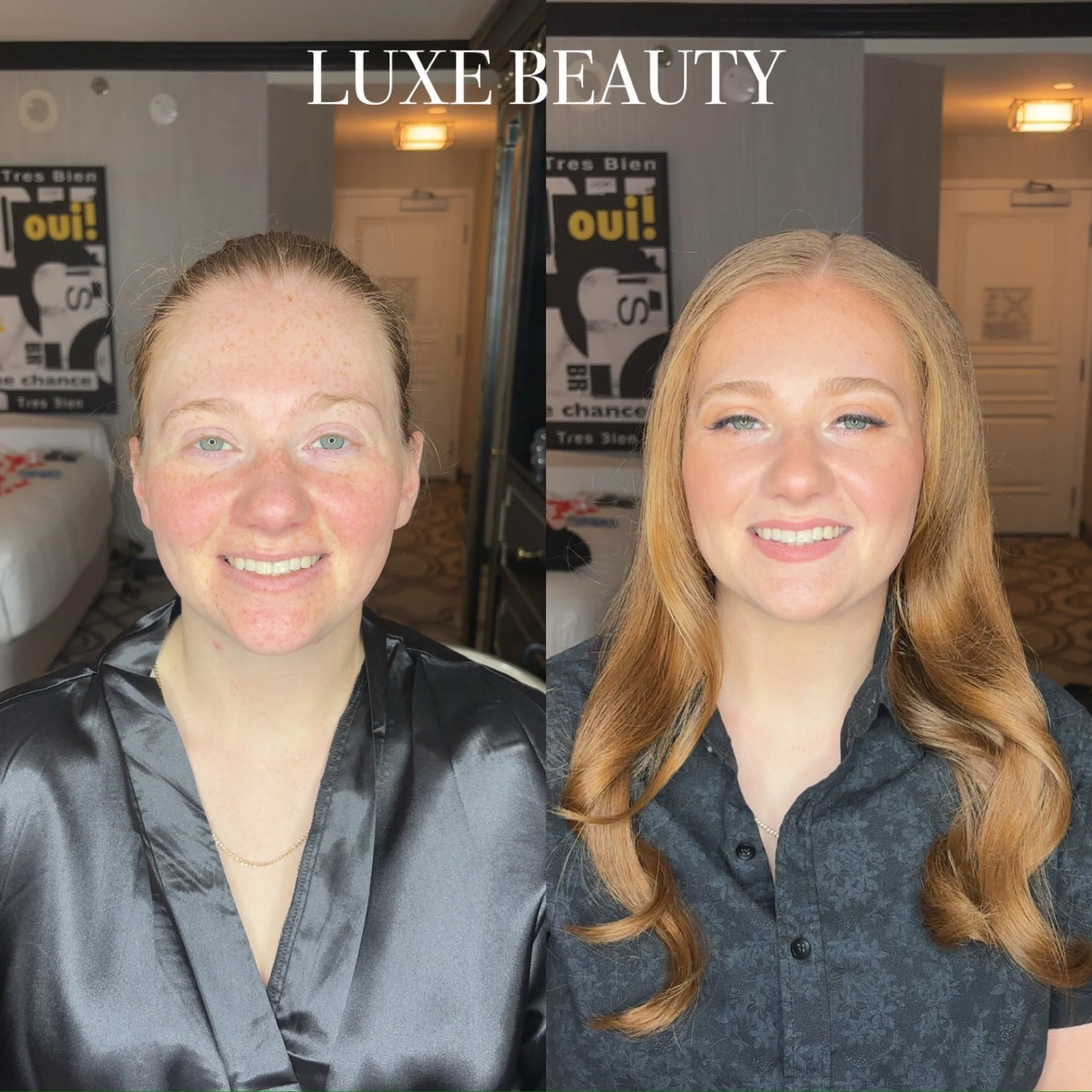 Side-by-side before and after photos of a woman showcasing a transformation. The before photo shows her with red hair, light skin with freckles, and no makeup, wearing a black satin robe. The after photo shows her with styled, wavy red hair, makeup, 