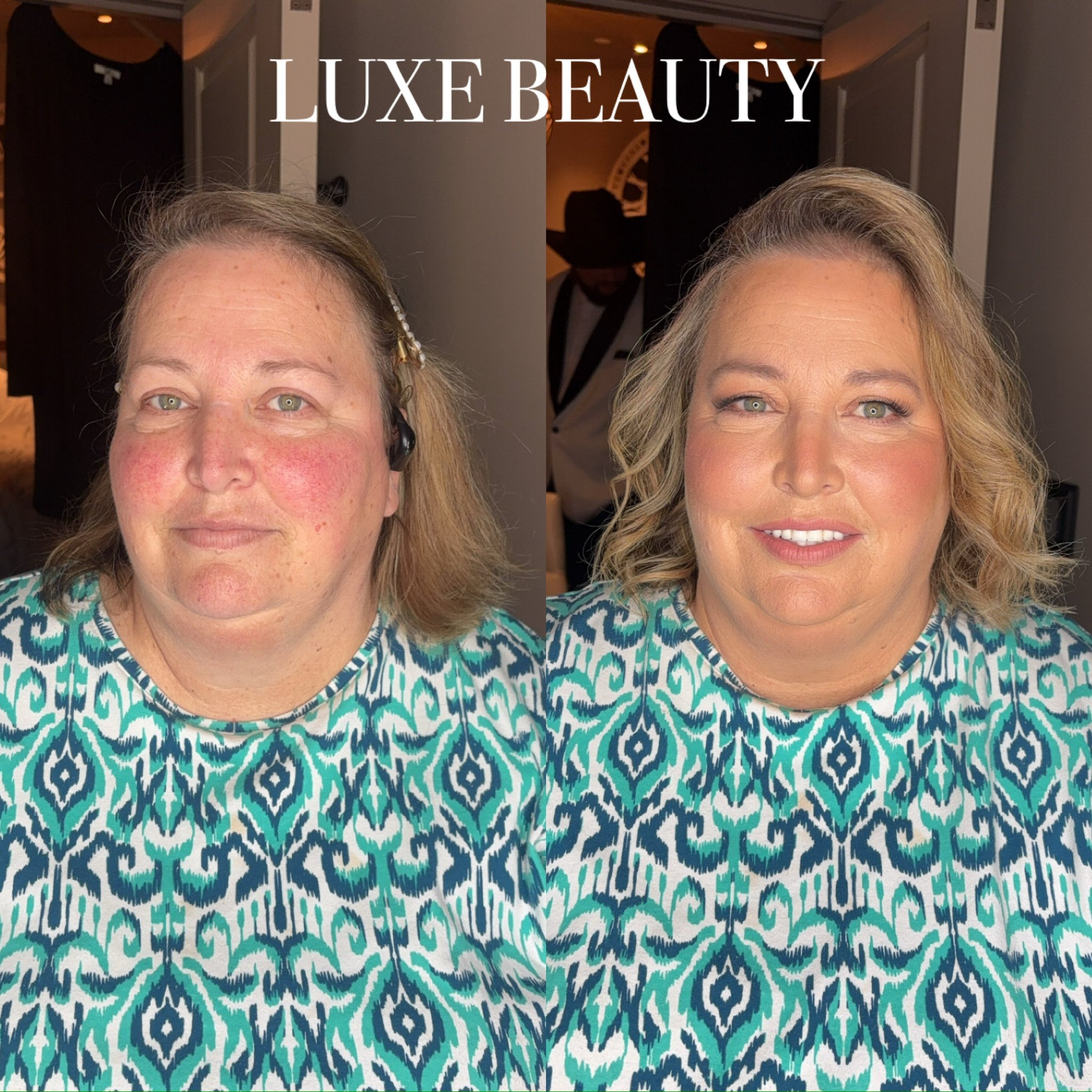 Side-by-side comparison of a woman before and after makeup application. The left side shows her with natural skin, redness, and minimal makeup. The right side shows her with styled hair, makeup, and a more polished appearance. The text 'LUXE BEAUTY' 