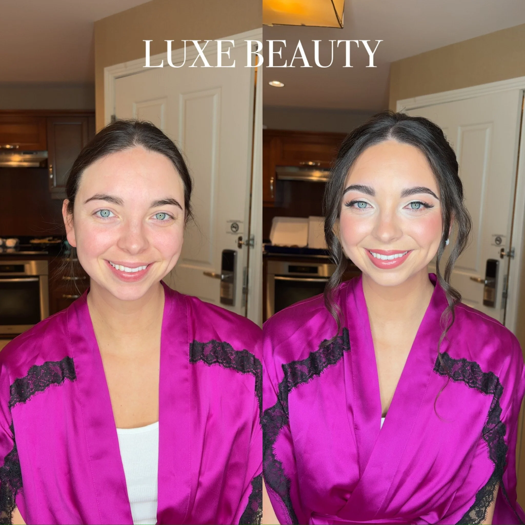 Side-by-side comparison of a woman before and after makeup, both wearing a purple satin robe with black lace trim, smiling in a kitchen with wooden cabinets and stainless steel appliances. The text 'LUXE BEAUTY' is overlaid at the top.
