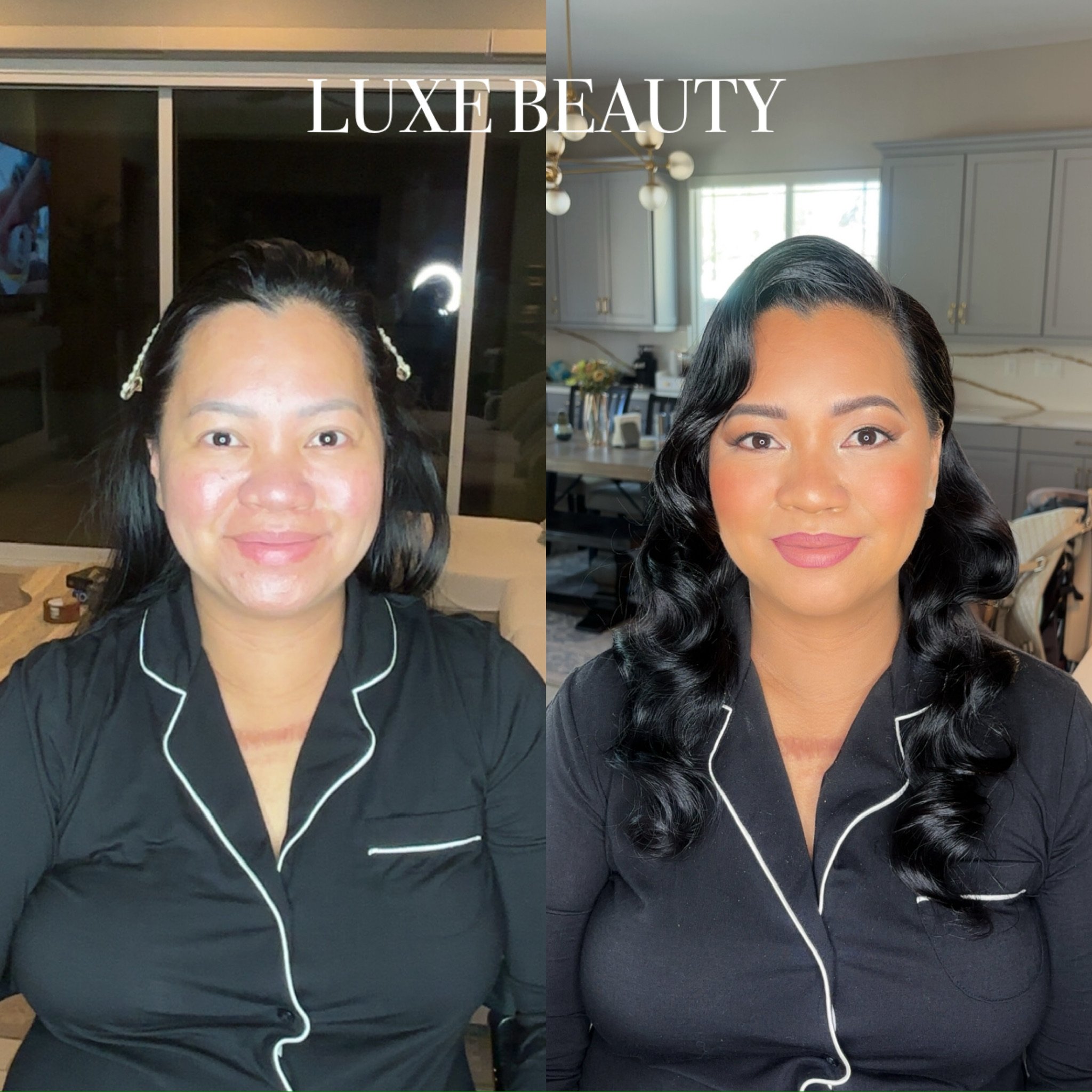 Comparison of a woman before and after makeup and hair styling, side-by-side. She is wearing a black shirt with white piping in both images, with the background showing a kitchen and dining area. The text "LUXE BEAUTY" is at the top.