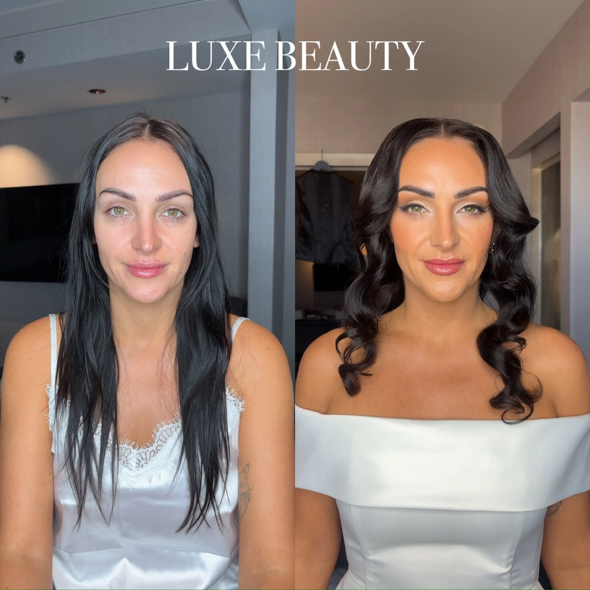 Before and after makeup transformation of a woman with dark hair, wearing a white off-shoulder dress. The left side shows her with minimal makeup, natural look, and the right side shows her with full makeup, styled hair, and professional appearance.
