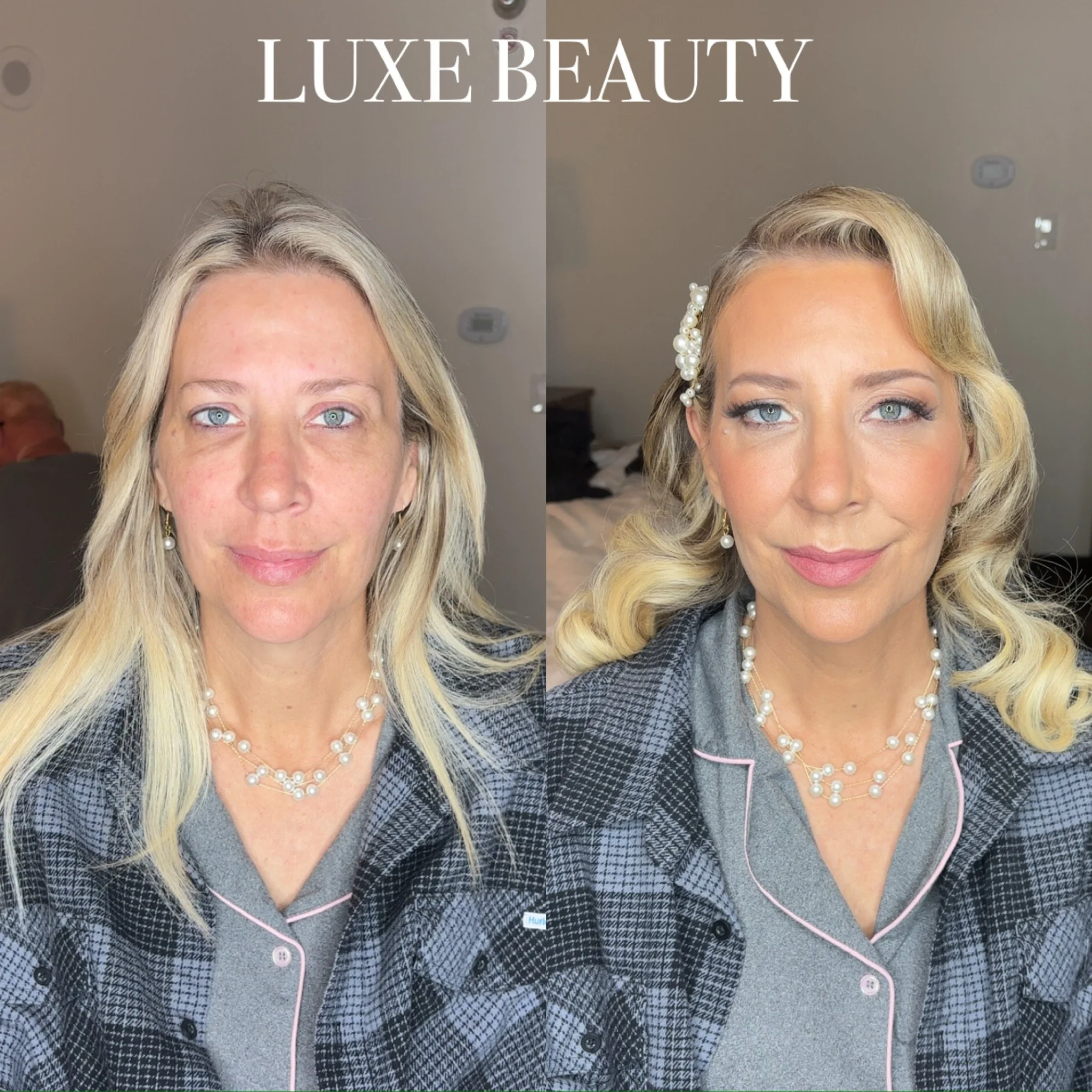 Before and after images showing a woman with blonde hair and blue eyes, wearing a checkered robe and pearl jewelry. The 'before' image shows her with minimal makeup and natural hair, while the 'after' image shows her with styled hair and full makeup,