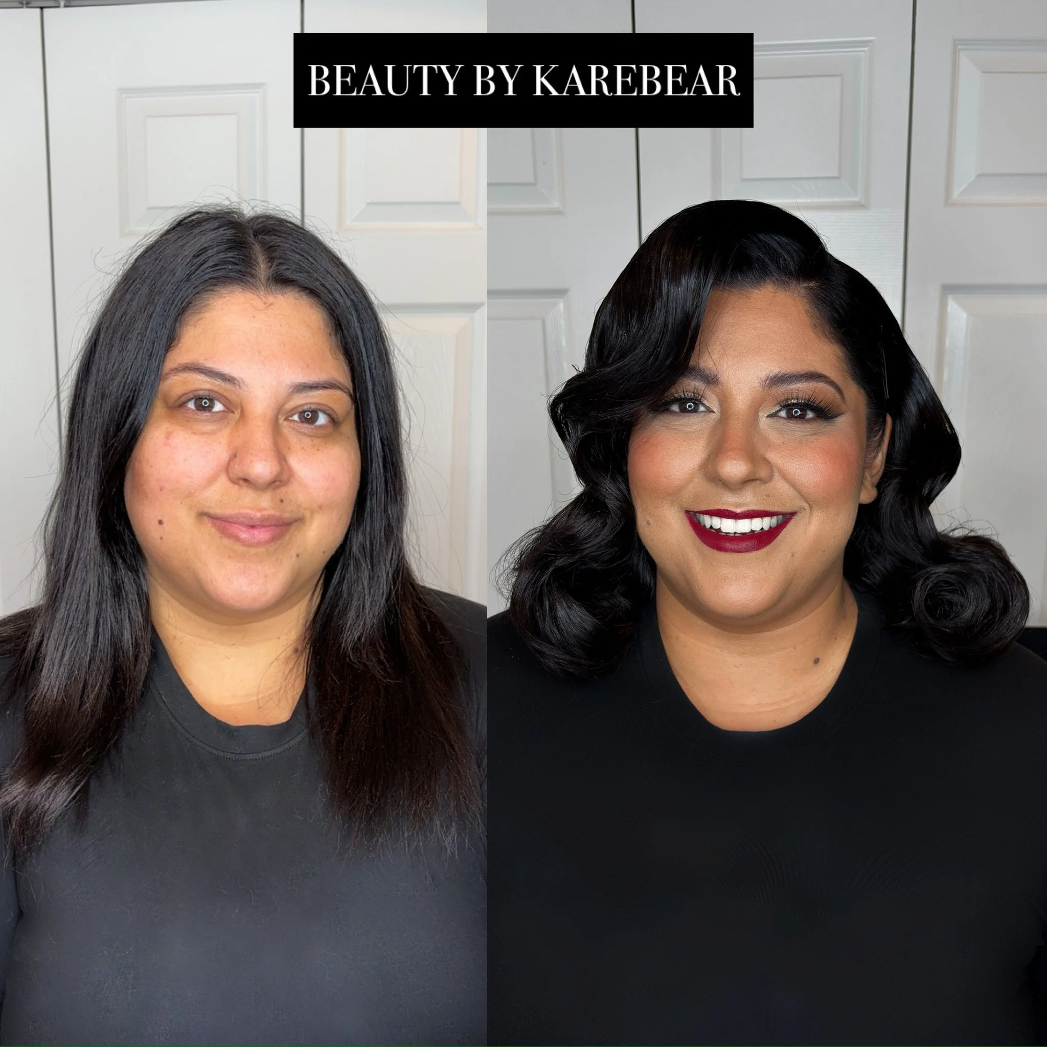 Side-by-side photos of a woman before and after a makeup and hair transformation, with the text 'Beauty by Karebear' at the top.